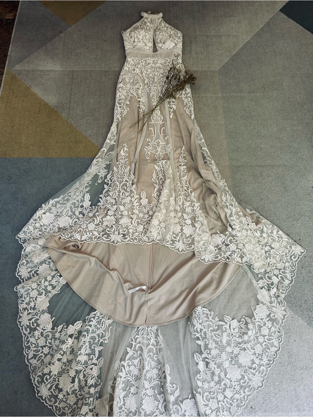 Halter Lace Wedding Gown in Nude with Ivory Overlay - Picture 10 of 11